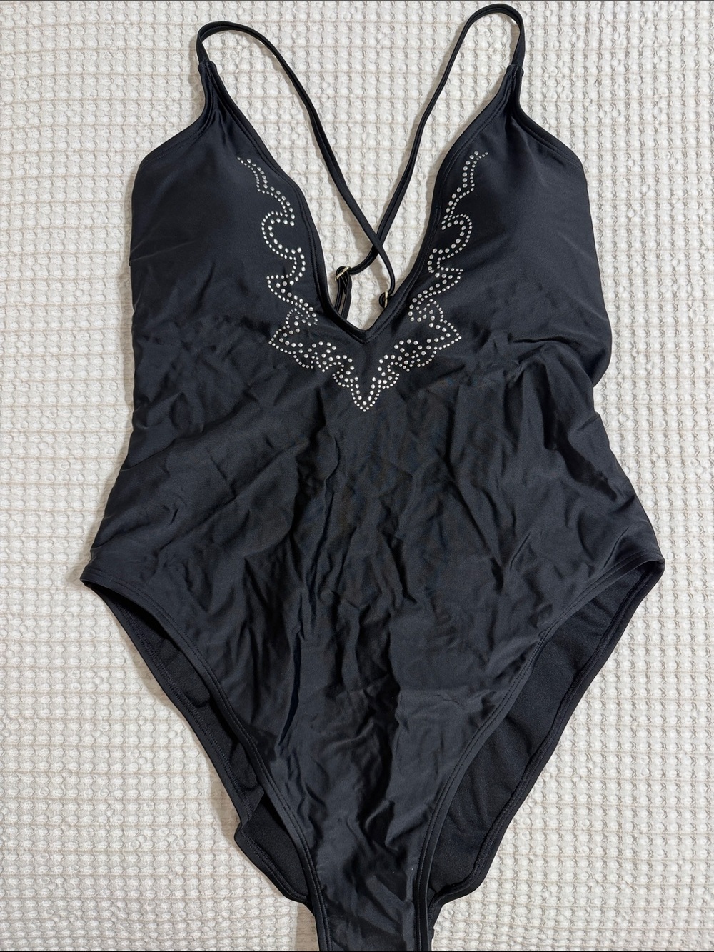 Black One-Piece Swimsuit with Rhinestone V-Neck